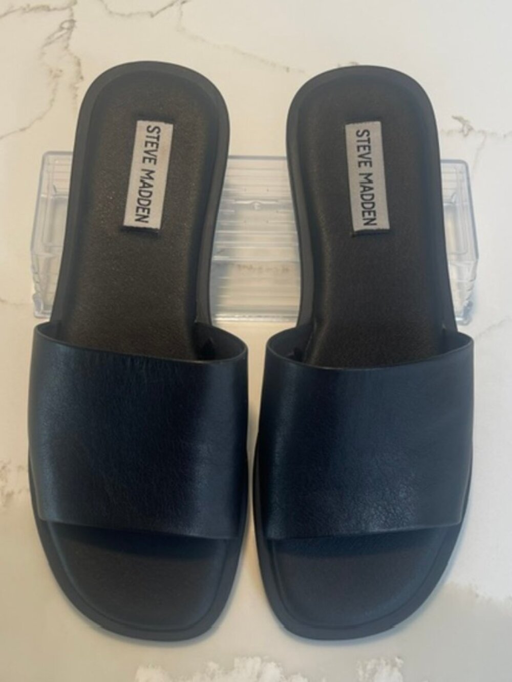 Steve Madden Kaya Black Leather Flat Slide Sandals - Size 8M